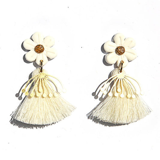 White Flower Tassel Earrings