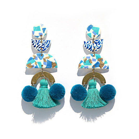 Blue Terrazzo Pom Pom Earrings