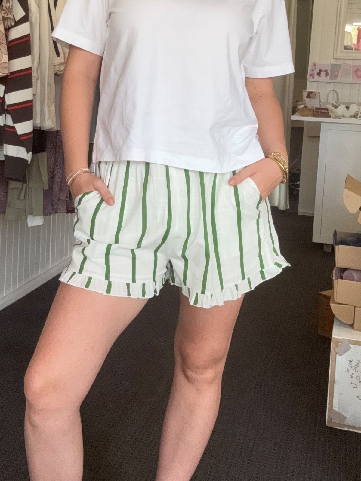 White and Olive Stripe Shorts - By Frankie
