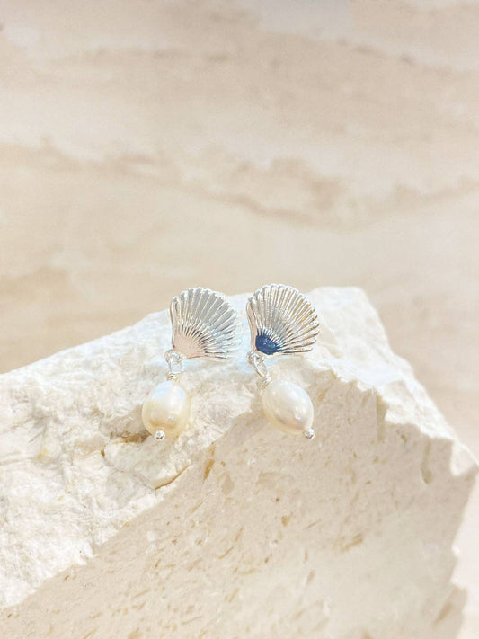 Clamshell Pearl Sterling Silver Plated Earrings