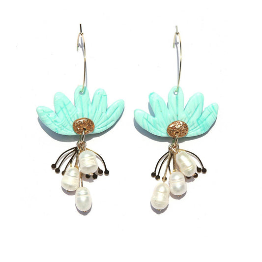 Mint Pearl Flower Earrings