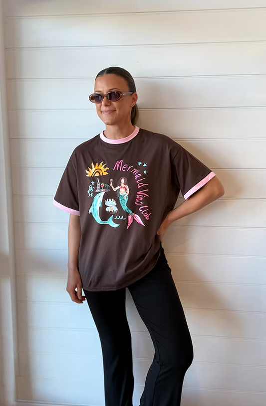 Mermaid Vino Club Tee - Chocolate Brown
