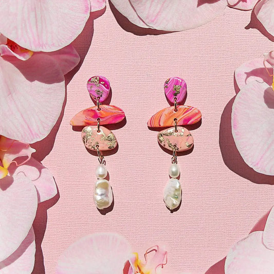 Coral Pebble Pearl Earrings