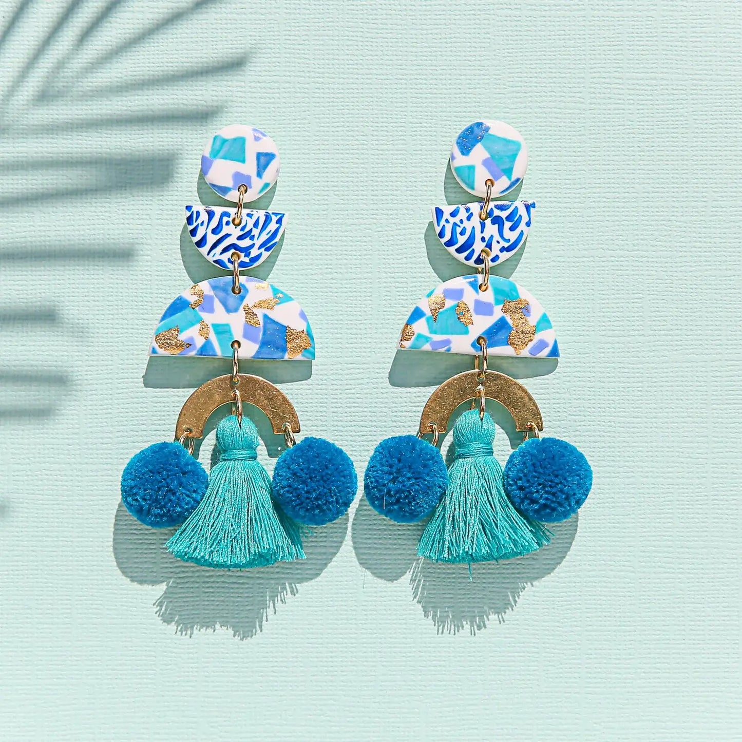 Blue Terrazzo Pom Pom Earrings