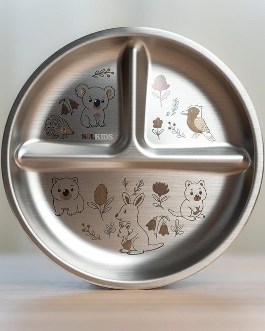 Round Stainless Steel Kids Plate - Aussie Buddies