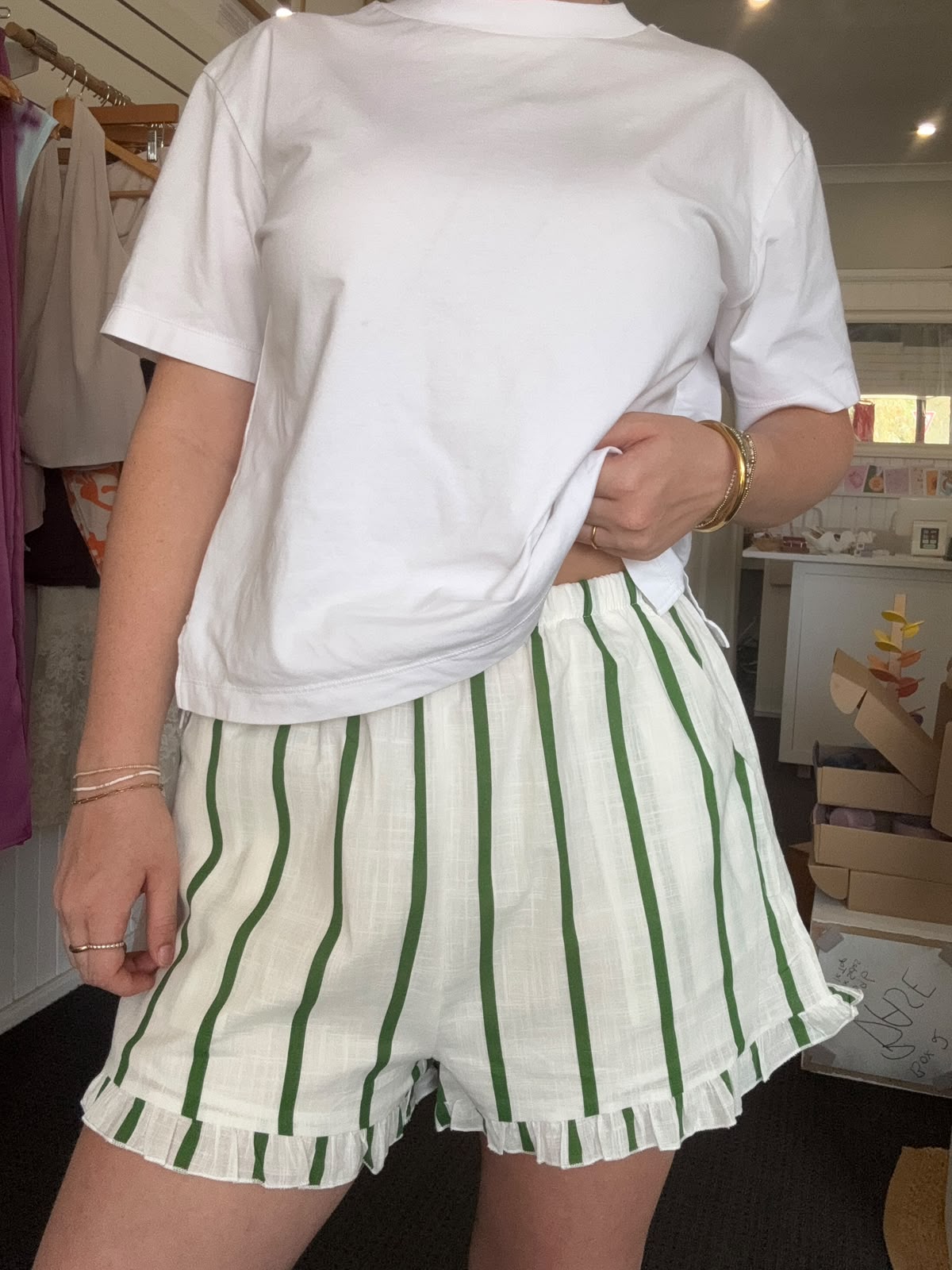 White and Olive Stripe Shorts - By Frankie